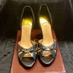 Cole Haan black leather/suede open-toed 4” heels w/metal accent and NikeAir sole